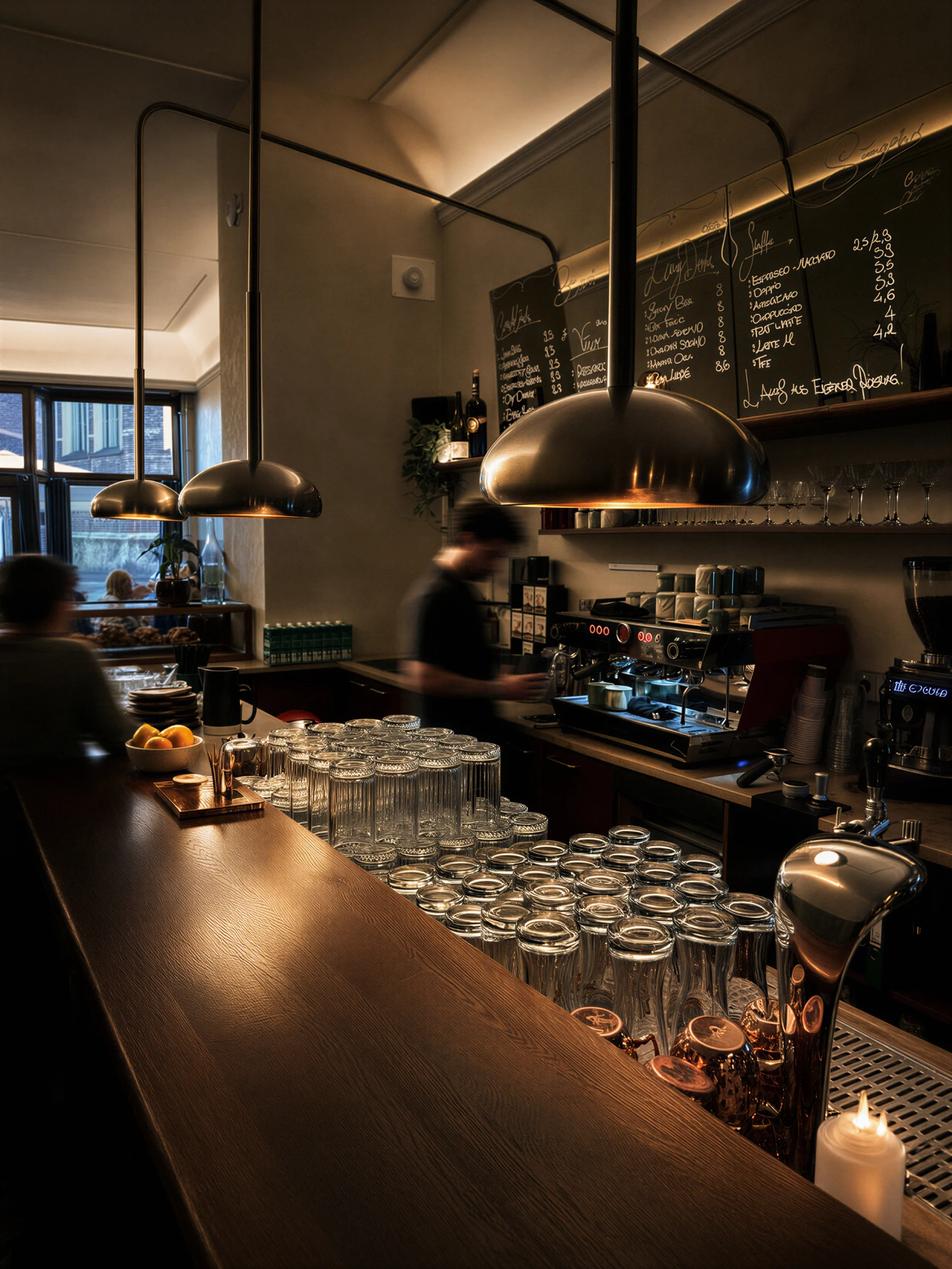 Die lange Bar am Abend mit Bogenleuchten und Plattenregal