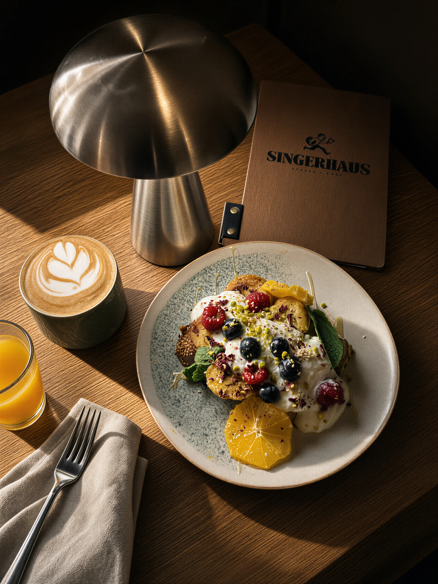 Morgensonne fällt durch ein Bogenfenster auf Stuckwand, Siebträger und Bar