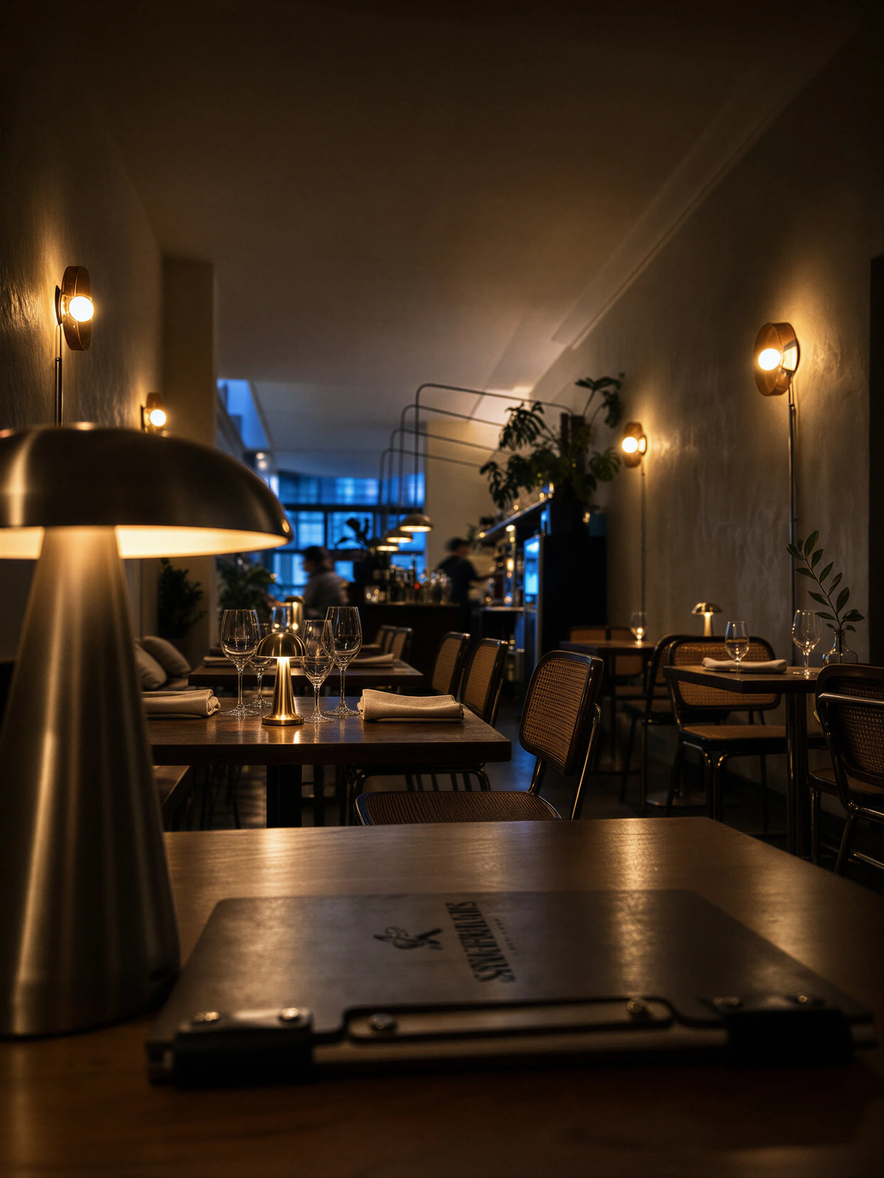 Blick von der Gasse durch ein Bogenfenster in das warm beleuchtete Café