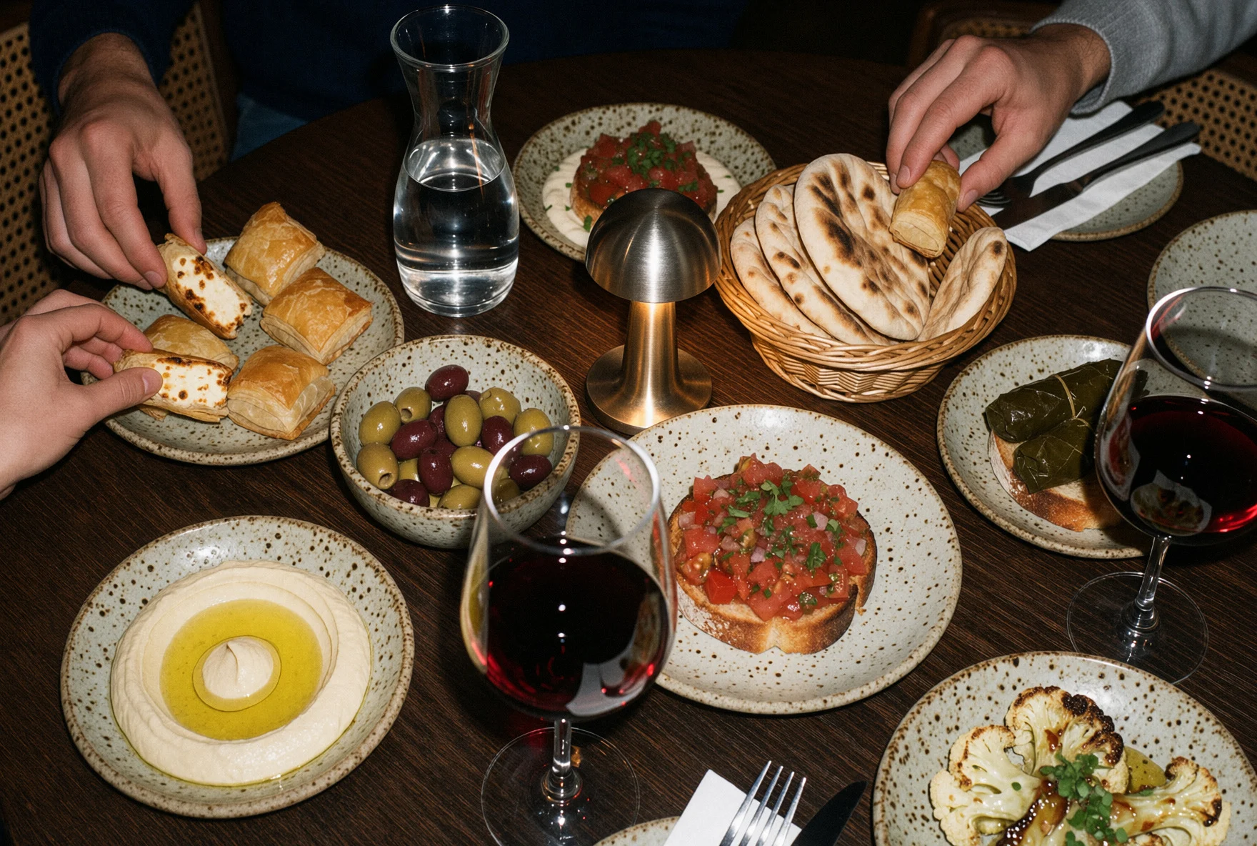 Tisch mit kleinen Tellern zum Teilen, Wein und Kerzenlicht